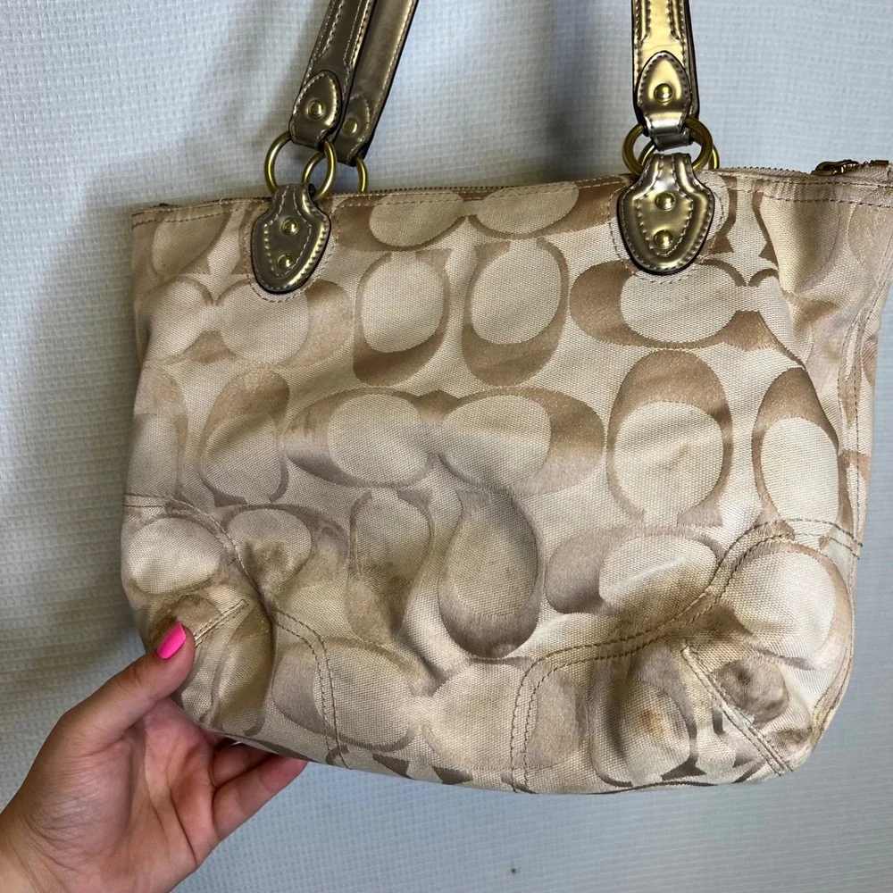Coach Ashley Signature Jacquard Satchel Khaki Gold Shoulder Bag 23261 - Picture 3 of 8